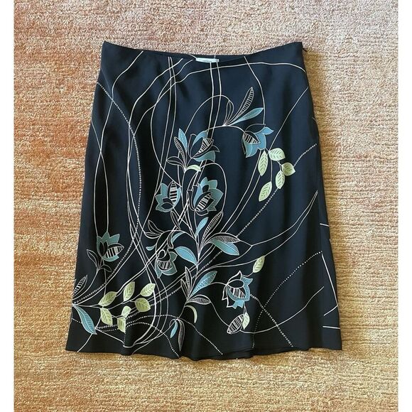 Loft Women's Black Silk Skirt Size 6 Blue & Yellow Floral Print Lined Size 10 - Picture 1 of 7